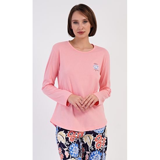 Dámské pyžamo dlouhé Květy - světle lososová