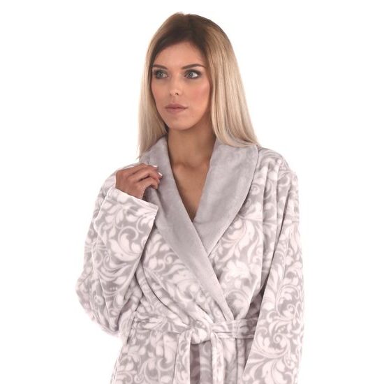Dámský dlouhý župan se šálovým límcem FLORA šedá/bílá