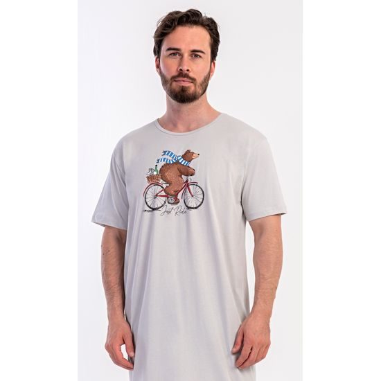 Pánská noční košile s krátkým rukávem Méďa na kole - šedá