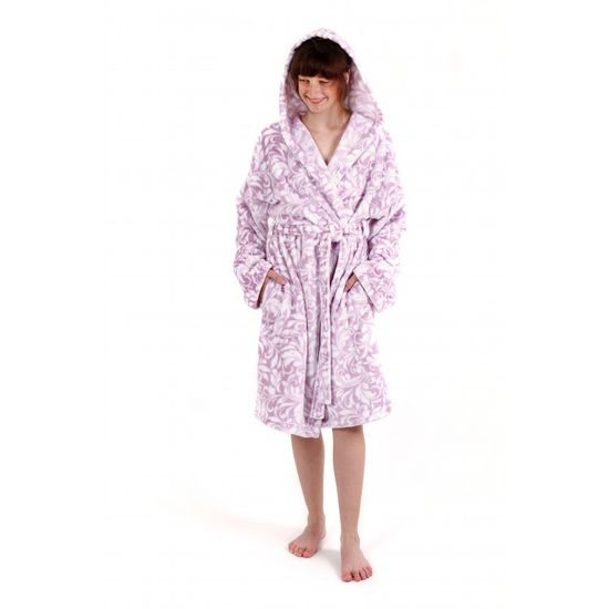 Dětský dlouhý župan s kapucí FLORA růžový tisk na bílé