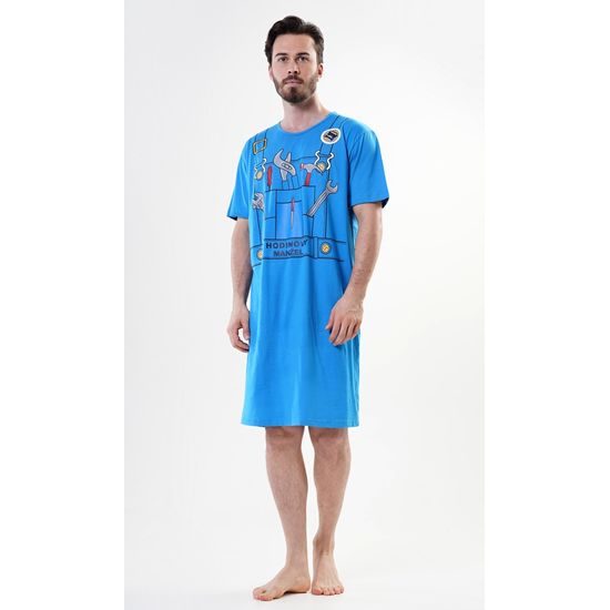Pánská noční košile s krátkým rukávem Hodinový manžel - modrá