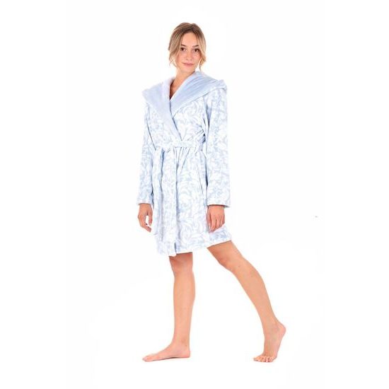 Dámský 3/4 župan s kapucí FLORA světle modrá/bílá