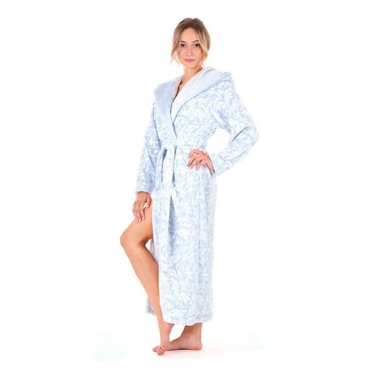 Dámský dlouhý župan s kapucí FLORA světle modrá/bílá