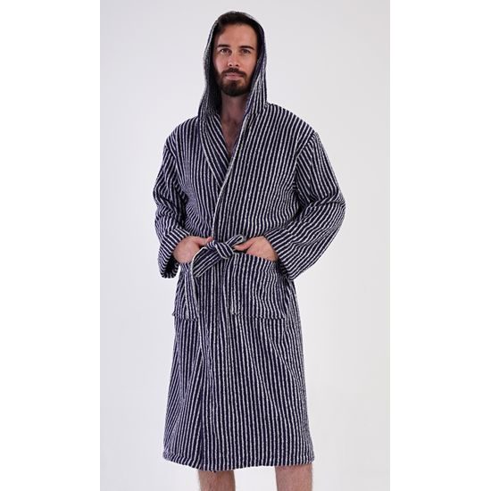 Pánský župan s kapucí Proužek - tmavě modrá