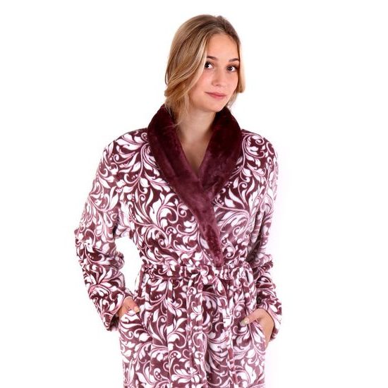 Dámský dlouhý župan se šálovým límcem FLORA vínová/bílá