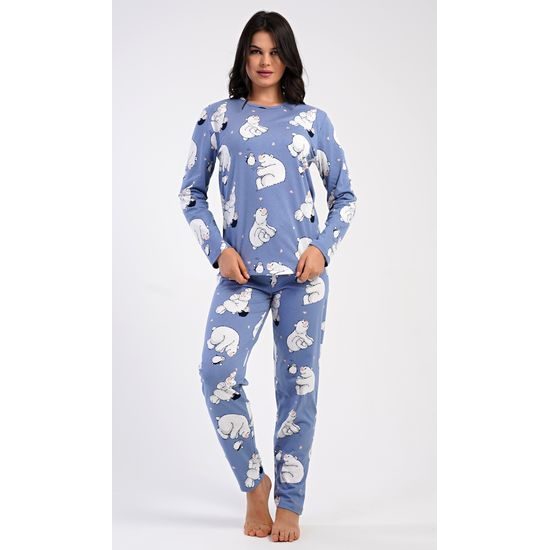 Dámské pyžamo dlouhé Tučňák a méďa - modrošedá