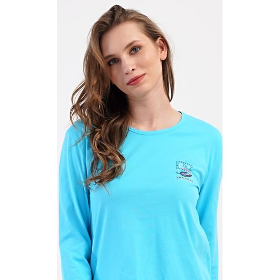 Dámské pyžamo dlouhé Listy - tyrkysová