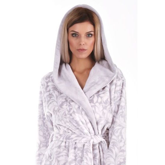 Dámský dlouhý župan s kapucí FLORA šedá/bílá