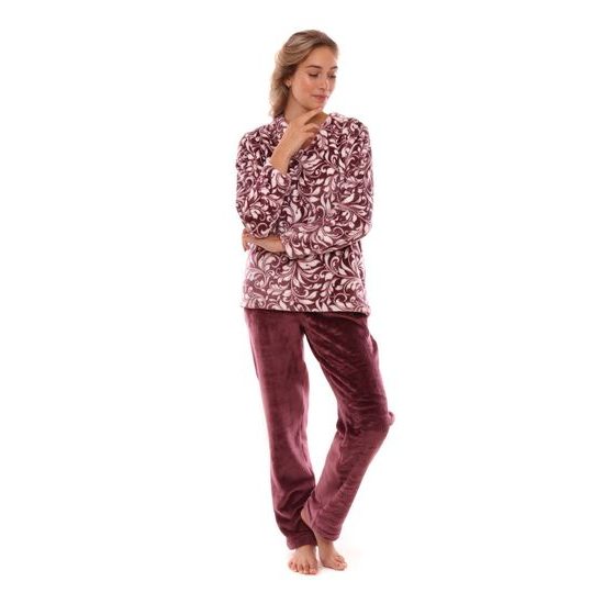 Dámské dlouhé teplé pyžamo FLORA vínový tisk na bílé