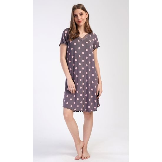 Dámská noční košile s krátkým rukávem Puntíky - hnědá