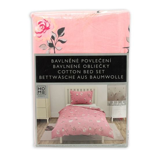 Povlečení 140x200 + 70x90 cm, dva designy, růžová květ+šedý puntík