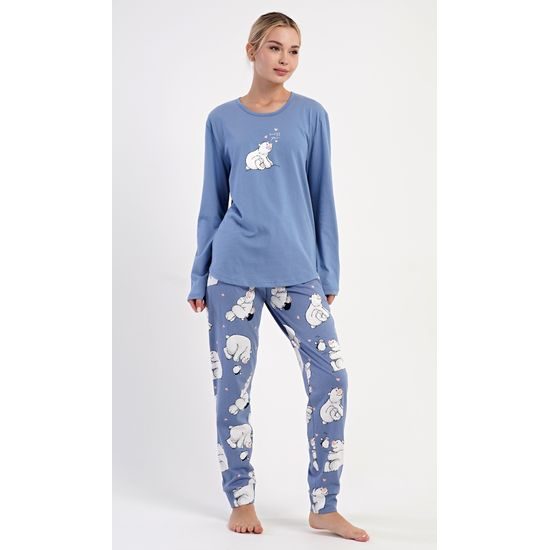 Dámské pyžamo dlouhé Méďa a tučňák - modrošedá