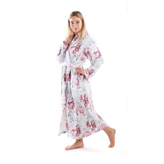 Dámský dlouhý župan s šálovým límcem Annie Světlé pivoňky