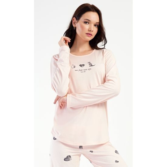 Dámské pyžamo dlouhé Kočka - světle lososová