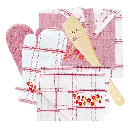 Dárkový kuchyňský set Máky - zástěra, chňapka, utěrky a dřevěná vařečka