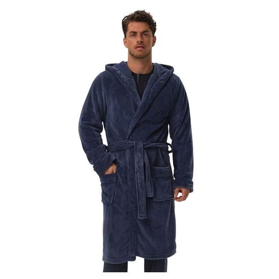Hřejivý pánský župan Hood modrý s výšivkou