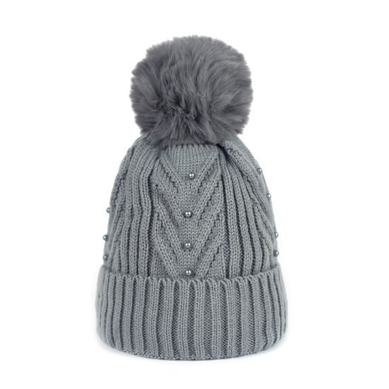 Dámská módní čepice s bambulí a perličkami šedá