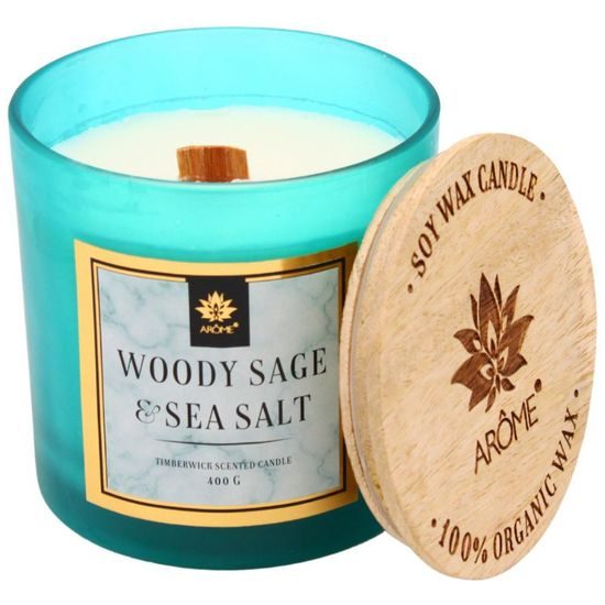 ARÔME Svíčka 400 g s dřevěným knotem a víčkem, Woody Sage and Salt