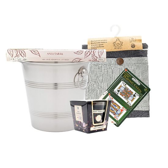 Dárkový set Stylový večer- chladič navíno, zástěra, karty, svíčka a vonné ty