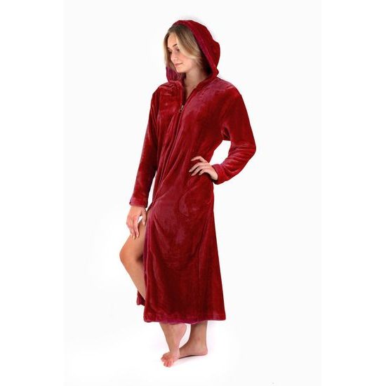 Dámský dlouhý hřejivý župan s kapucí a se zipem SIENA vínová
