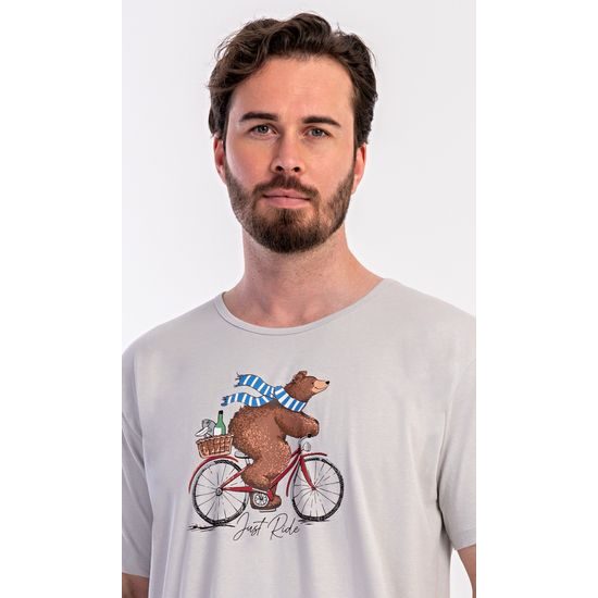 Pánská noční košile s krátkým rukávem Méďa na kole - šedá