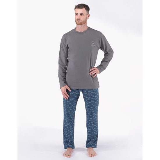 Pánské pyžamo dlouhé pánské, šité, s potiskem Pyžama 2024 79175P - šedá petrolejová