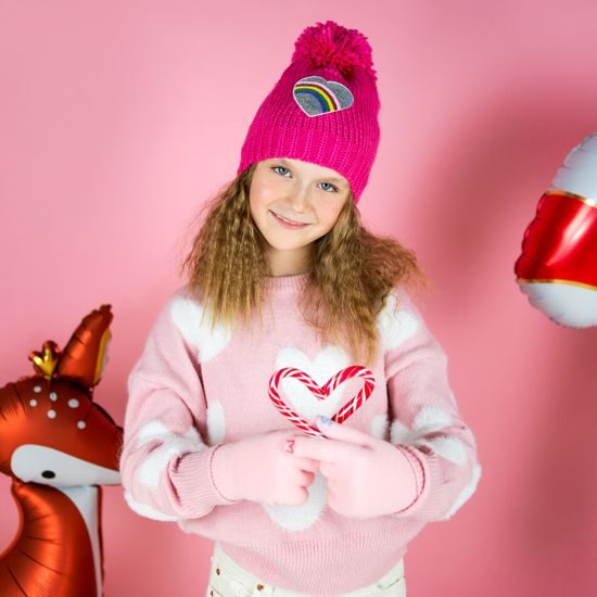 Dětská čepice s bambulí růžová