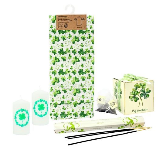 Dárkový hřejivý set Štěstí - útěrky, čaj, svíčky a vonné tyčinky