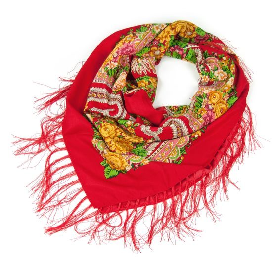 Červený folk šátek s třásněmi