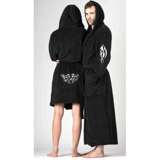 Dámský 3/4 savý župan TRIBAL s kapucí a výšivkou černá