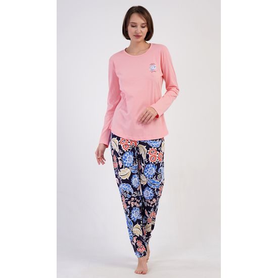 Dámské pyžamo dlouhé Květy - světle lososová
