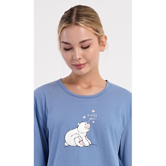 Dámské pyžamo dlouhé Méďa a tučňák - modrošedá