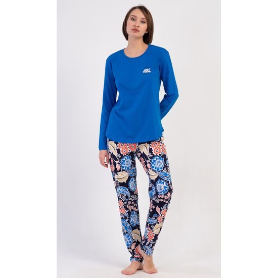 Dámské pyžamo dlouhé Květy - modrá