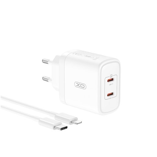 XO WALL CHARGER CE08 PD 50W 2X USB-C WHITE + USB-C - LIGHTNING CABLE