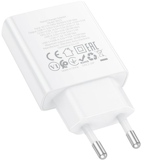 BOROFONE - USB + TYPE C - PD QC 3.0 30W BÍLÁ - ULTRA TENKÁ SÍŤOVÁ NABÍJEČKA