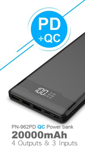 VIKING POWER BANK PINENG PN-962 QC3.0 20000MAH, ČERNÁ, QUICK CHARGE 3.0, ČERNÁ