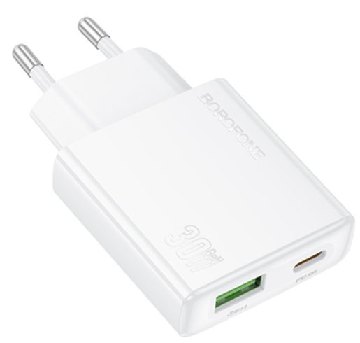 BOROFONE - USB + TYPE C - PD QC 3.0 30W BÍLÁ - ULTRA TENKÁ SÍŤOVÁ NABÍJEČKA