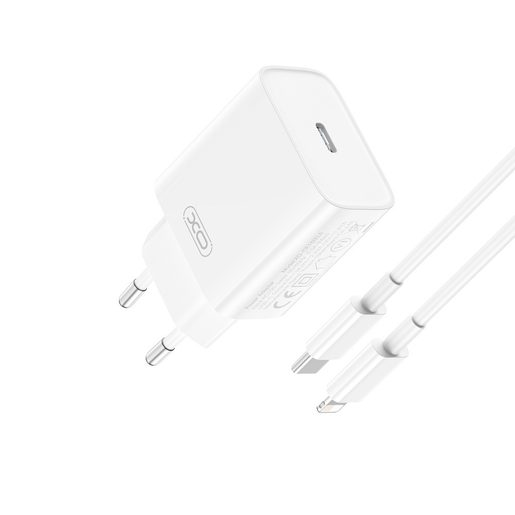 XO CE15 PD 20W 1X USB-C WHITE + USB-C - LIGHTNING CABLE - SÍŤOVÁ NABÍJEČKA