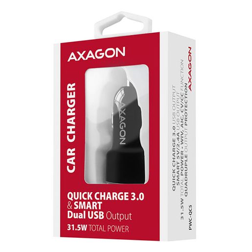 AXAGON PWC-QC5, QUICK A SMART NABÍJEČKA DO AUTA, 2X PORT QC3.0/AFC/FCP + 5V-2.6A, 31.5W