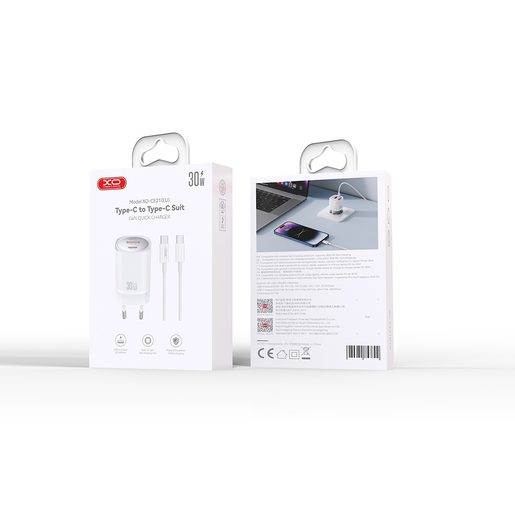 XO WALL CHARGER CE21 PD 33W 1X USB-C 1X USB WHITE + CABLE USB-C - USB-C