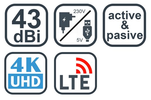 EVOLVEO XANY 2B LTE, 43DBI AKTIVNÍ POKOJOVÁ ANTÉNA DVB-T/T2, LTE FILTR