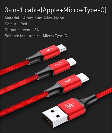 BASEUS CESTOVNÍ NABÍJEČKA 3V1 MICROUSB + LIGHTNING + USB TYPE-C (TZCL-D92) WHITE/RED