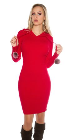Dlouhé úpletové šaty s kapucí-červené