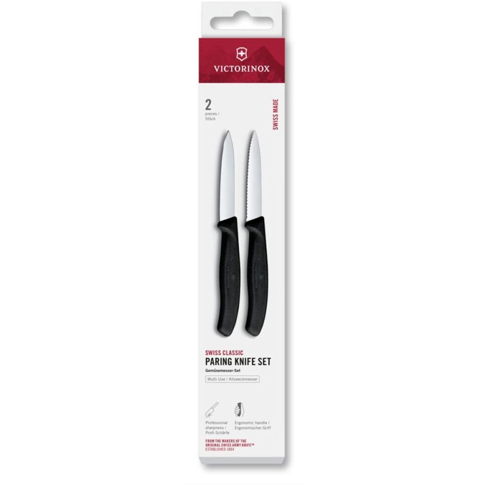 Swiss Classic, paring knife set, 2pcs, 8cm, straight/wavy, pointed tip, black, box