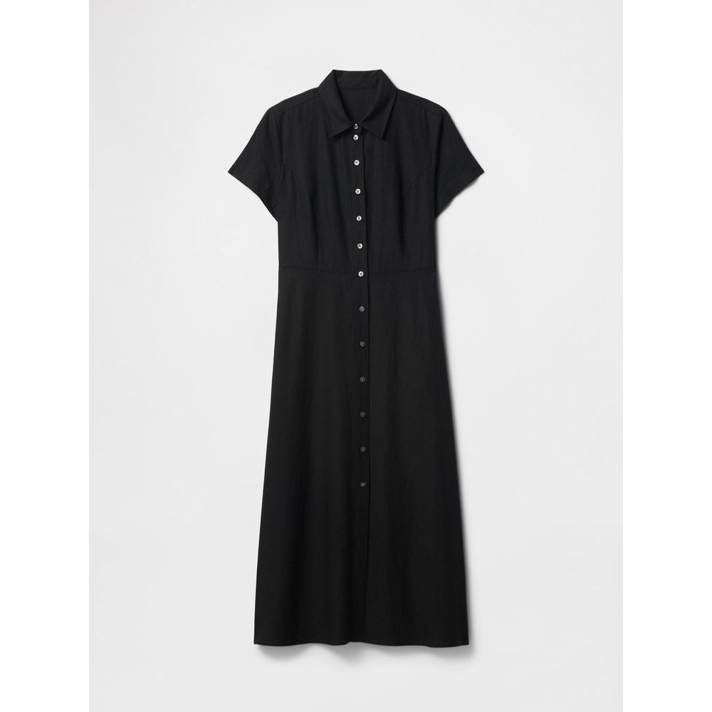 Lněné košilové maxi šaty Černá