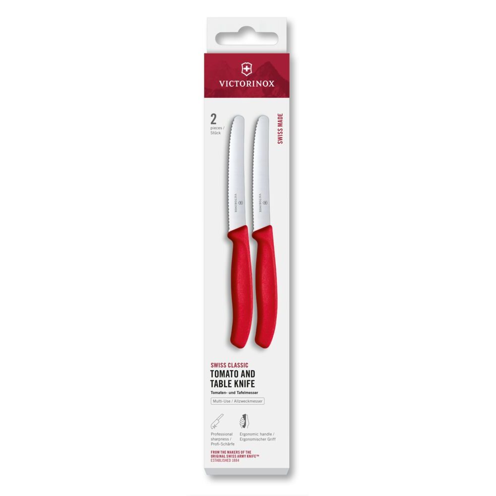 Swiss Classic, tomato & table knife, 2pcs, 11cm, wavy, red, box