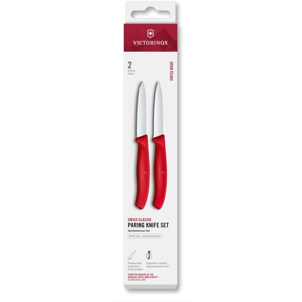 Swiss Classic, paring knife set, 2pcs, 8cm, straight/wavy, pointed tip, red, box