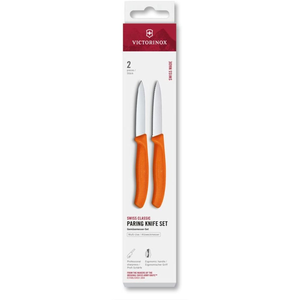 Swiss Classic, paring knife set, 2pcs, 8cm, straight/wavy, pointed tip, orange, box