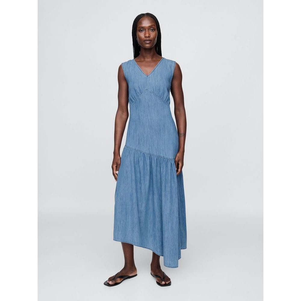 779498-00 Asymetrické džínové midi šaty Modrá