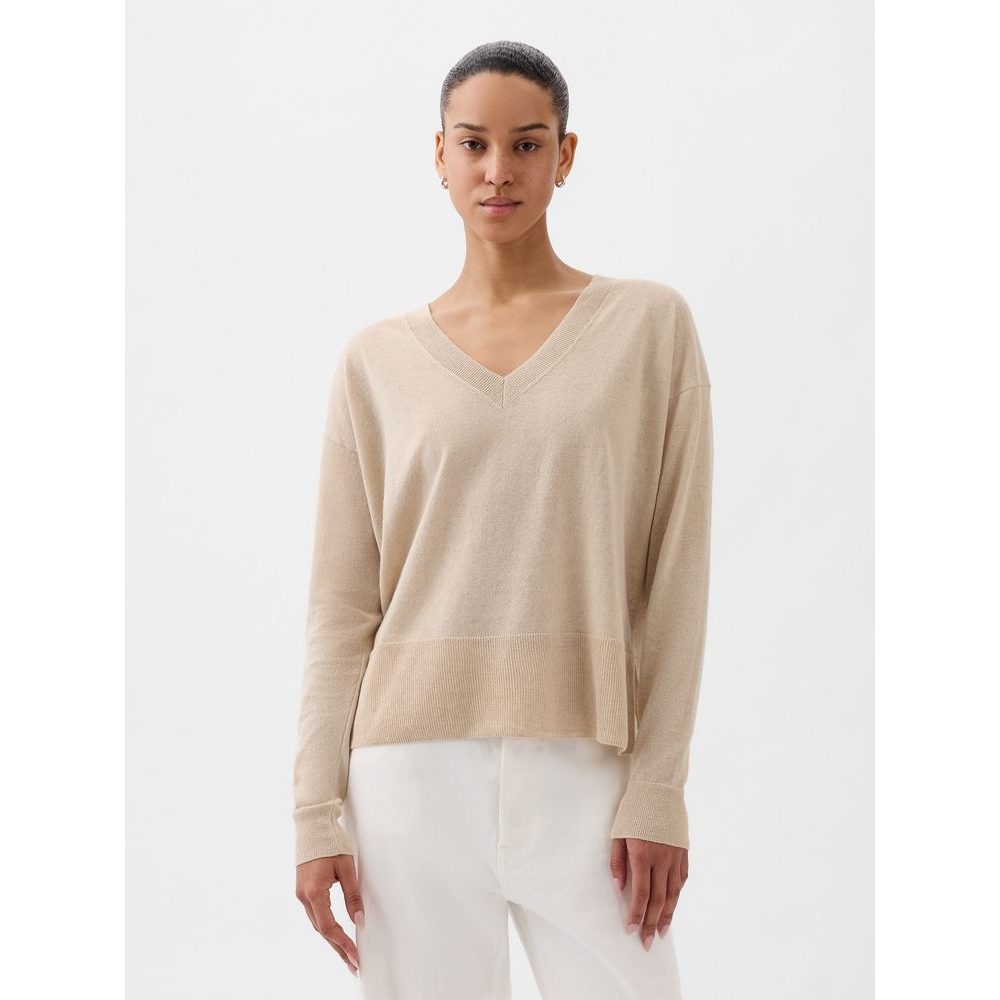 854769-02 Lněný svetr s rozparky Béžová